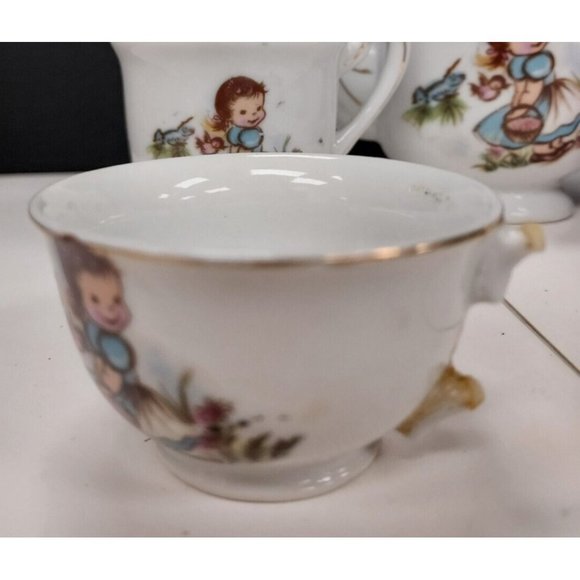Children's China Tea Set 17pcs Made in Japan Girl and Blue Bird Damaged Cup - Picture 6 of 9